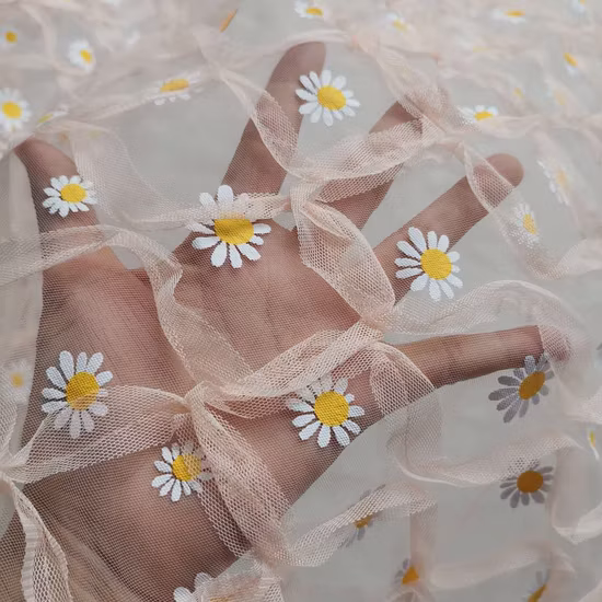 2023 Summer Flower Print Embroidery Outline Daisytulle Fabric for Dress