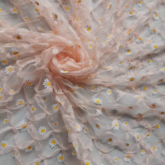 2023 Summer Flower Print Embroidery Outline Daisytulle Fabric for Dress