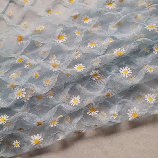2023 Summer Flower Print Embroidery Outline Daisytulle Fabric for Dress